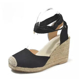 Breakj Summer New Large-Size Slopes And Women's Sandals Thick-Soled Buns Heel Heel Heel Tie Cloth Hemp Rope Sandals