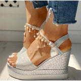 2020 New Women Wedge Sandals Summer Bead Studded Detail Platform Sandals Buckle Strap Peep Toe Thick Bottom Casual Shoes