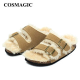2023 New Fur Inside Cork Slipper Autumn Winter Women Casual Nubuck Leather Outside Men Buckle Soft Plush Slides
