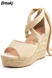 Women's Espadrille Ankle Strap Sandals Wedges Woman Pumps Platform Women Summer Shoes Comfortable Flax Hemp Canvas High