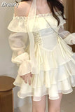 Sleeve Elegant Mini Dress Lolita Pure Color Short Party Dress Woman Casual 2023 Spring Sweet One Piece Dress Korean