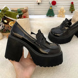 Pu Leather Women's Platform Loafers 2023 Gothic Black Chunky High Heels Pumps Woman Preppy Style Jk Uniform Shoes