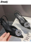 Fashion Crystal Buckle Sandals Women Thick High Heels Pumps Pointed Toe Slingback Shoes Elegant Slip on Mule Dress