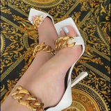 White Square Toe Sandals Women Unique Thin High Heels Back Zip Open Toes Metal Chains Decor Runway Sandalias Big Plus Szie