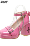 Chunky Heel Gothic Style Women Mary Janes Pumps Vampire Cosplay Brand Design Metal Decoration Women Pumps