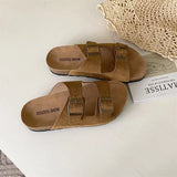 Summer Women's Two Buckle Cork Slippers Cow Suede Leather Flats Sandals For Women Retro Fashion Garden Mule Clog