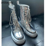 Women Silver Short Boots Belt Buckle Rhinestone Cross Strap Women's Mid Calf Boots Platform Motorcycle Martin Boots Trend