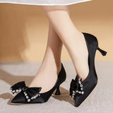 Rhinestone Bowknot Black Pumps for Women Pointed Toe Silk Stiletto Pumps Shoes Woman Satin Wedding Bride Shoes
