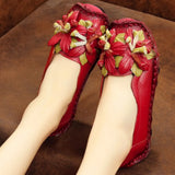 35-42 Genuine Leather Summer Flats Women Soft Slip-On Flat Shoes Black Red Floral Mom Loafers Moccasin Lady Designer