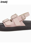 Size 35-40 Sandals Women Real Leather Shoes Summer Beach Ladies Low Heel Shoes Metal Detailed Ankle Buckle