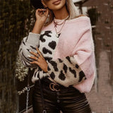 Fashion Leopard Patchwork Women Sweater Winter Warm Elegant Furry Soft Lady Knit Jumper Autumn O Neck Long Sleeve Tops