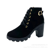 High Heel Single Boots Belt Buckle Women's Shoes Thick Heel Ankle Boots Round Head Martin Boots Women's Lace-Up Belt And Nude Boots Knight