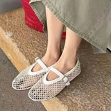 Breakj Plate Round Head Niche Fish Grid Hollow Ballet Shoes Women New Fashion Simple Flat Belt Buckle Single