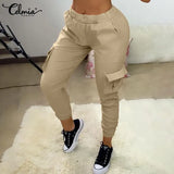 Celmia Fashion Cargo Pants Women 2022 Autumn Elastic Waist Pockets Long Trousers Streetwear Jogger Pant Casual Solid