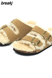 2023 New Fur Inside Cork Slipper Autumn Winter Women Casual Nubuck Leather Outside Men Buckle Soft Plush Slides