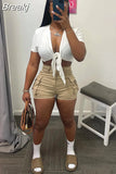 Summer Cargo Shorts Sets Women Sexy Short Pants Street Trousers 2023 Bow Lace Up Crop Top + Hight Waist Pockets