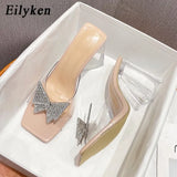 Fashion Rhinestone Bowtie Buckle Slippers Women Summer PVC Transparent Jelly Sandals Crystal Perspex Heels Ladies