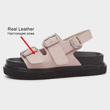 Size 35-40 Sandals Women Real Leather Shoes Summer Beach Ladies Low Heel Shoes Metal Detailed Ankle Buckle