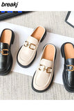 Leather Women's Summer Closed Toe Slippers Outer Wear Ladies Fashion Slip on Mules Shoes Low Heel Platform Beach