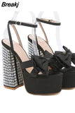 Buckle Platform Women Sandals Summer 2023 New Hot Sexy Elegant Rhinestones Shoes Thick Heels Sandals Bowknot Decor