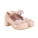 Japanese Style Sweet Bow Lace Princess Lolita Shoes Lace-up Med Heel Buckle Strap Thick Platform Pumps with Cute Ears Pearl