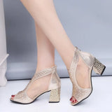 for Women Summer New 2023 Back Zipper Rhinestone Sandalias Ladies Chunky Heels Breathable Fashion Sandalias De