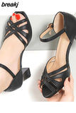 5.5CM Women Sandals Summer Genuine Leather Female Sandals Large Size 34-40 Peep Toe Women Shoes Casual Square Heel