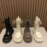 Women Shoes PU Leather Round Toe Flat Platform Ladies Boots Lace Up Zipper Boots Mid-Calf Boots Autumn Black Beige