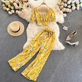 Summer Women Holiday Style Chiffon Printing Two Piece Set Short Shirt High Waist Wide Leg Pants Ladies Idyllic Style