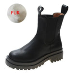 Trend Women Short Tube Chelsea Boots Black Slip-on Ladies Punk Ankle Boots Leisure PU Rain Boots Women Fur Platform