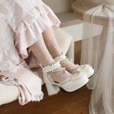Women Sweet Lolita Summer Shoes Chuncky Heel Elegant String Bead Bow Lace Edge Rear Cover Sandals Pink Princess Cosplay