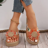 Women's Fashion Trend Linen Sunflower Non-slip Wear Comfortable Soft Sole Flat Flip-flops Slippers