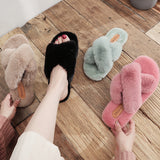 Women Warm Fluffy Slippers Cozy Faux Fur Cross Indoor Floor Slides Flat Soft Furry Ladies Female Celebrities Flip