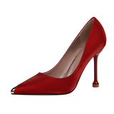 Breakj Fashion Banquet Women's Shoes With High Heel Satin Shallow Metal Pointed Sexy Show Thin Single
