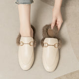 Breakj Half Slippers Woman 2025 Winter Real Rabbit Hair Round Head Lazy Man One Foot Outside Wearing Flat-Soled Muller Shoes Large-Size