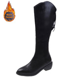 Winter Cowboy Western Boots Women Fashion Pointed Toe Thick Heels Knee High Boots Woman Back Zipper Pu Leather Long