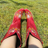 Retro Female Western Boots Wood Sole Spike Heels Pointed Toe Slip-On Floral Flower Ankle Boots Shoes Plus Size