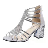 Breakj Summer New Sandals Thick Heel Korean Version Of Diamond Open Toe Heel Mother Shoes Large Size Straps Roman Sandals