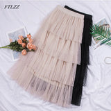 2021 Women Sweet Ruffle Tulle Skirt High Waist Elegant Vintage Pleated ins Skirts Candy Cakee Layered Maxi Long