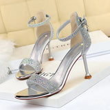 Breakj Sexy Banquet Summer Heels Women Shoes Thin Heel High Heel Open Toe Diamond Word Strap
