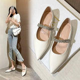 leather crystal ankle band flat shoes woman pointed toe rhinestone ballet flats female loafers comfy