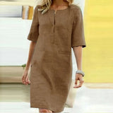 2020 Winter Autumn Button Cotton Linen Dress women Elegant O-Neck Knee length Long Sleeve Pocket Solid Dress Plus