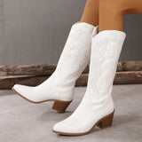 Western Women Boots Brand Chunky Heeled Autumn Retro Embroider White Cowboylid Calf Long Boots Lady Big Size Shoes