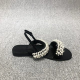2025 New European Women's Shoes Pearl Sandals One-Word Buckle With Beads Toe Flat Sandals