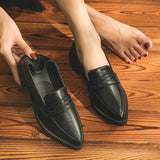 Ways pointed toe small leather shoes women flats shallow slip on loafers brogue shoes thick heels cut out one band