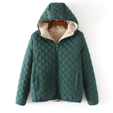 Winter Casual Short Cotton Coats Women Hooded Diamonds Partern Artificial Fleece Inside Outwear Femme Slim