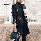 Winter New Fashion Women Stand Collar Print Jackets Casual Long Sleeves Elegant Office Lady Cardigan Slim Buttons Jackets 1020