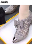 Mesh Shoes Women's 2023 Summer Fashion Rhinestone Square Heel Pointed Toe Size 43 Zipper Bow Sandals Women
