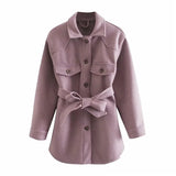 Women Chic Wool Coats With Belt 2021 Solid Long Sleeve Pockets Shirt Jackets Outerwear Turn Down Collar Elegant