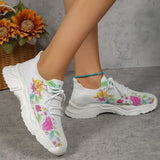 Breathable Printed Tennis Shoes Women Autumn Lace Up Platform Sports Shoes Woman Thick Sole Knitted Sneakers Plus